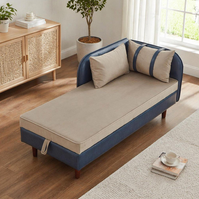 Canapé de rangement 65 po en polyuréthane bleu marine et velours gris clair, Bleu/Gris, Brun