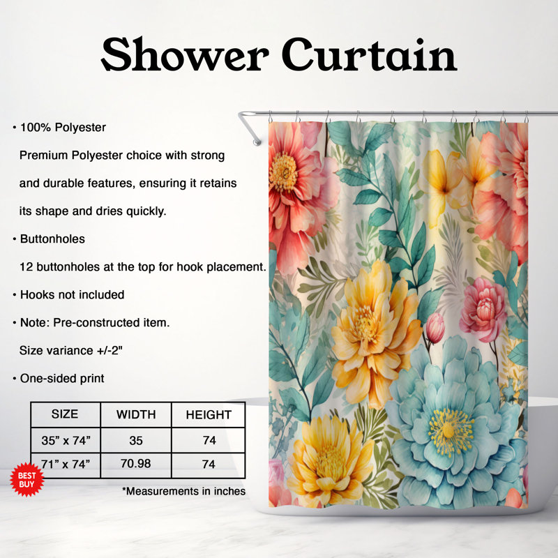 Antique Florals - Rideau de douche Premium, H 74 po x l 71 po