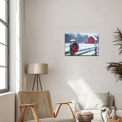 Art de Noël paysage de Noël sur toile, ruban de couronne de pin enneigé rouge, clôture rustique, scène d'hiver, reproduction de photo, impression de décoration de vacances rétro, impression sur toile 28 x 40 pouces, prête à être suspendue, 12 x 16 pouces