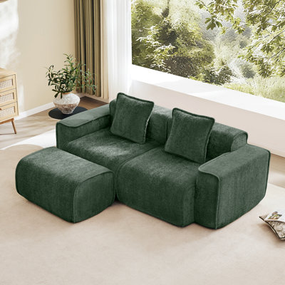 Canapé modulaire en L à 2 places avec passepoil à bordure française, sans assemblage requis, canapé à 2 places avec coussins décoratifs et 1 repose-pieds mobile, tissu de velours vert
