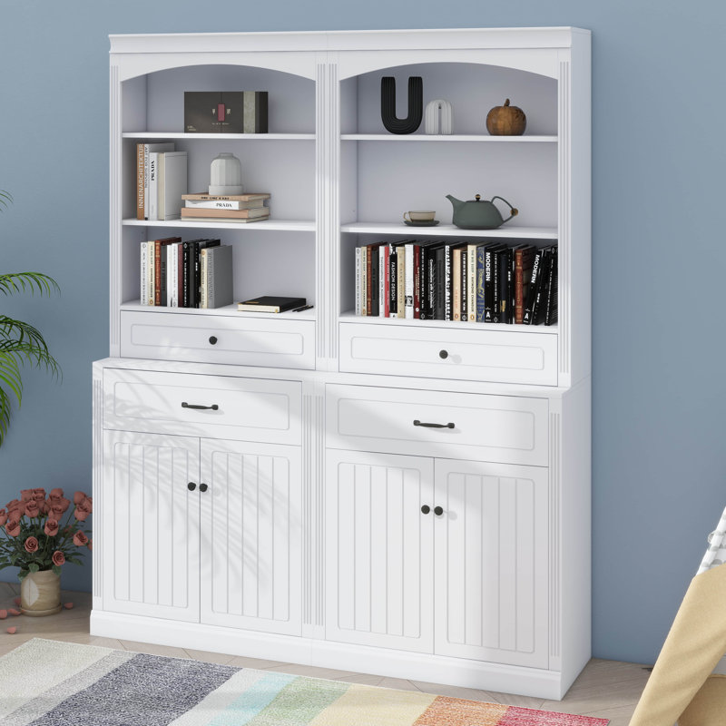 Bathroom Storage Cabinet With Quadruple Doors Drawers Customizable Shelf And Six Open Shelves