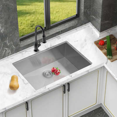 VEVOR 26" x 18" x 9" Undermount Stainless Steel Kitchen Sink, 16 Gauge Single Bowl 9-Inch Deep Basin with Drain Assembly, 29" Minimum Cabinet Size, Compatible with Garbage Disposal Units