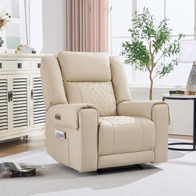 37.8" Wide Modern Top Genuine Leather Dual Motor Power Recliner With Adjustable Headrest And Cupholders, Cream Ivory