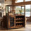 Bar à vin industriel avec support pour 12 bouteilles et porte-verres, armoire à liqueurs pour la cuisine et la salle à manger, buffet à porte en filet, brun rustique