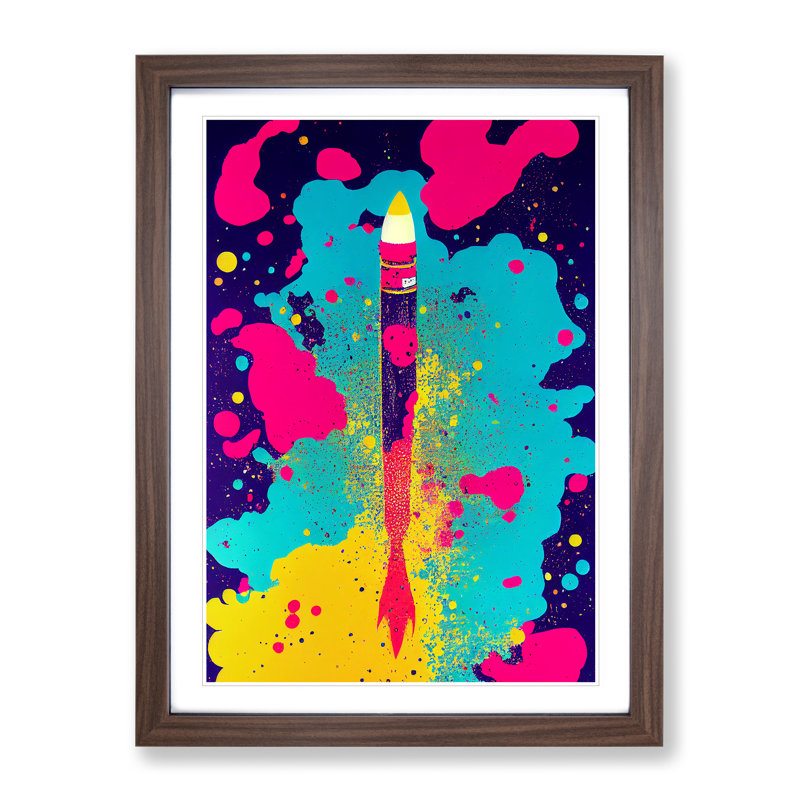 Paint Splashed Spaceship Rocket No.4 Abstract - Single Picture Frame Painting, 46cm H x 34cm W x 2cm D, Walnut
