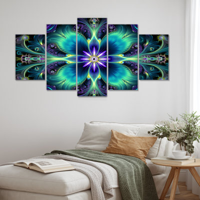 Turquoise néon fractal fleurs I - Boho Mandala, art mural sur toile 5 pièces