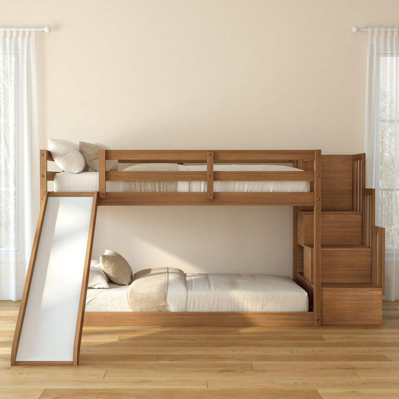 Lit superposé simple avec glissière et escalier Bear, Oak Embossed Pecan