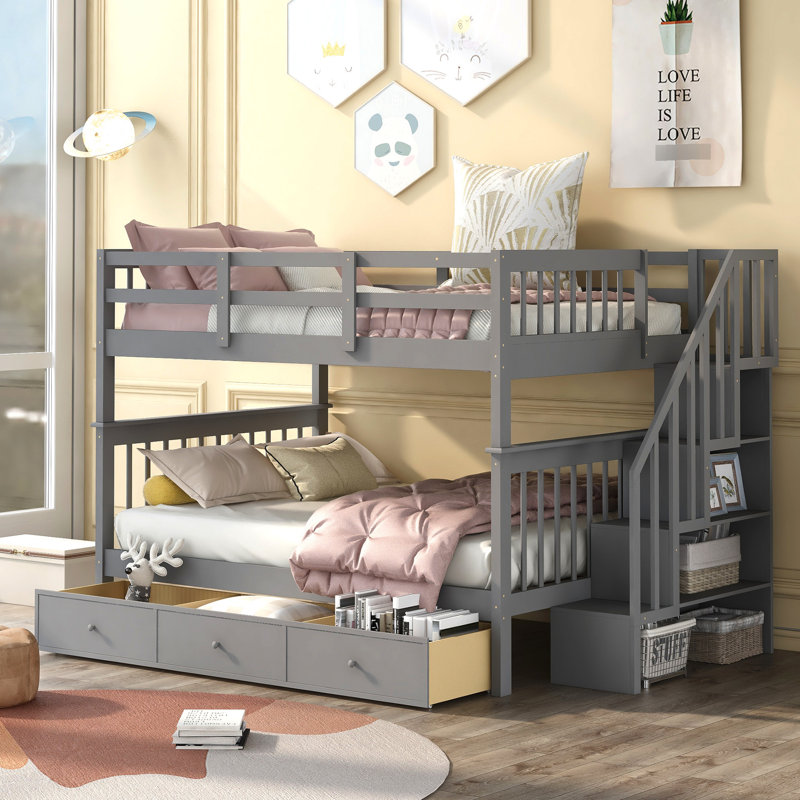 Gray Stairway Bunk Bed, , With Drawer, Storage, And Guard Rail For Bedroom Space Saving Comfort Style, Gray