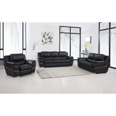 Deva Three Piece Indoor Black Genuine Leather Six Person Seating Set