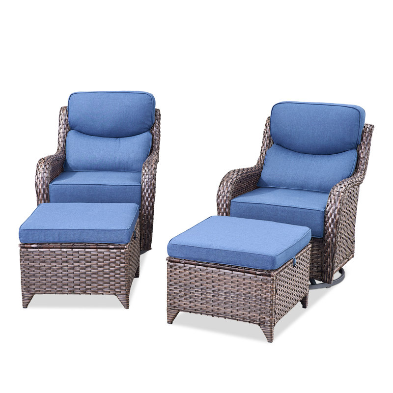 Ensemble de conversation en osier / rotin pour 2 personnes avec repose-pieds Meriline, Bleu, Brun