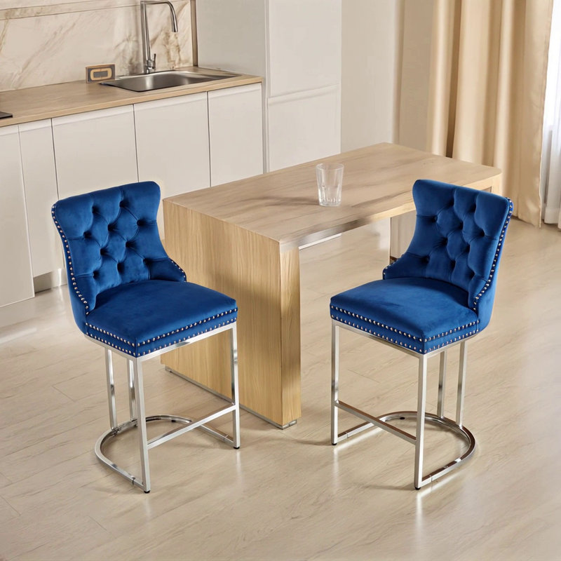 25" Counter Height Bar Stools Set Of 2, Blue Velvet