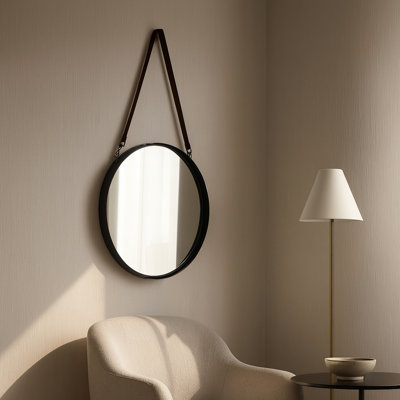 Miroir mural décoratif rond en métal pour décoration de salle de bain - Grand miroir suspendu moderne pour meuble-lavabo et plateau de table - 28 po, noir et brun