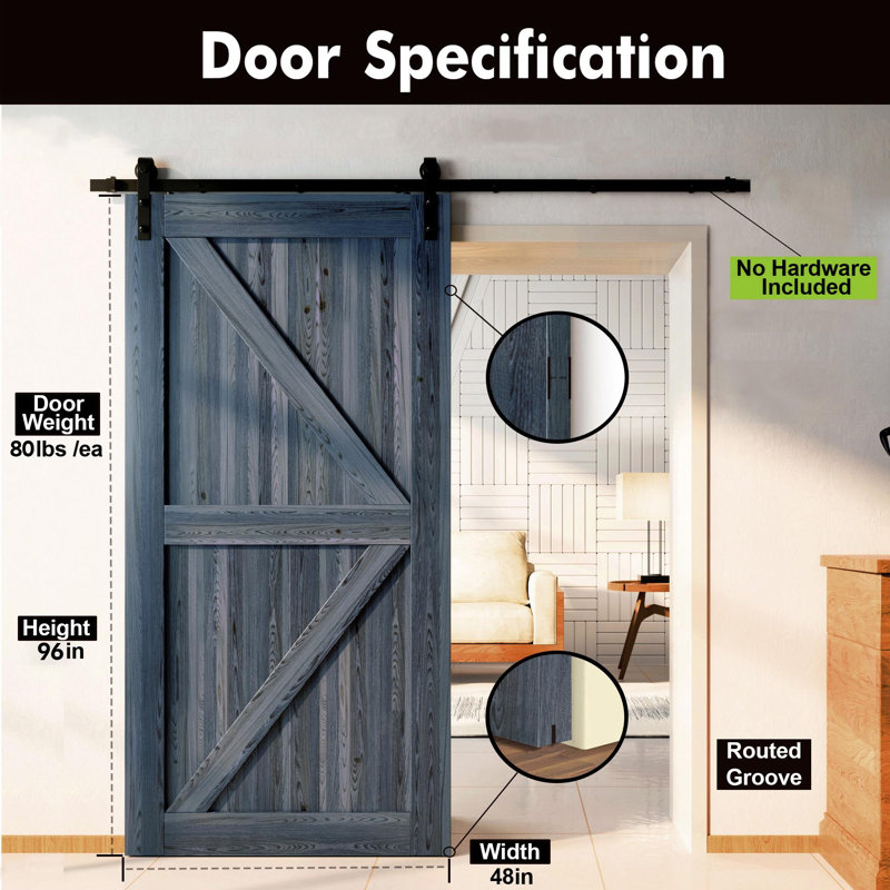 96'' Solid Wood Semi-Gloss without Installation Hardware Kit Barn Door, 48" x 96"