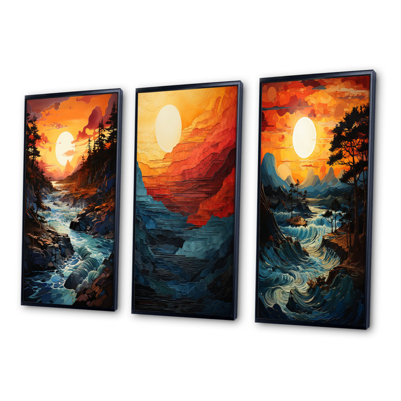 «Sunset Ocean Horizons», 3 pièces sur toile, Cadre noir, H 20 po x l 12 po