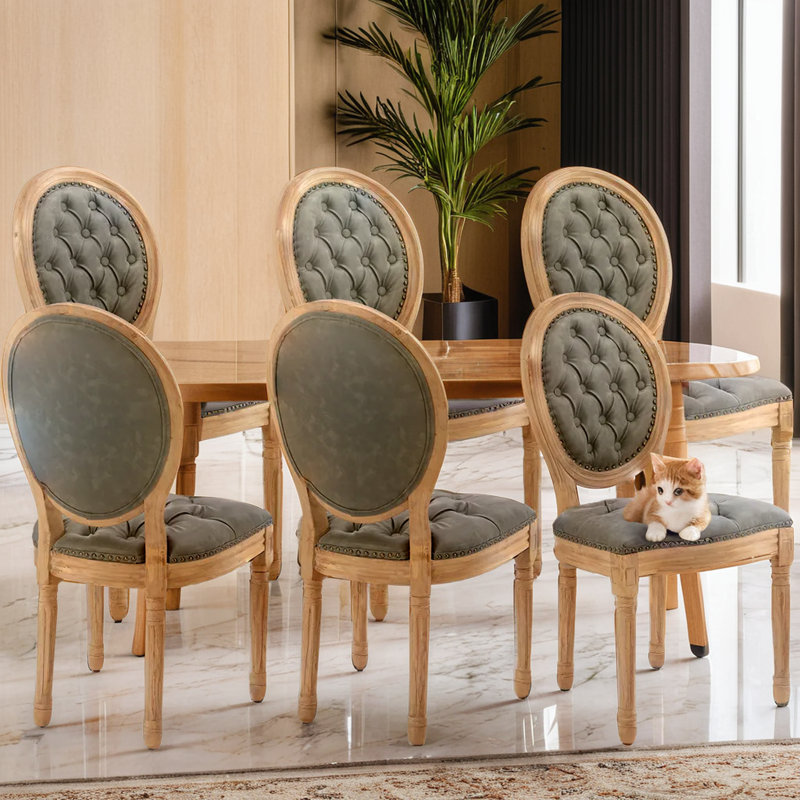 Olive Velvet Upholstered Side Chair with Wood Legs, Set of 6