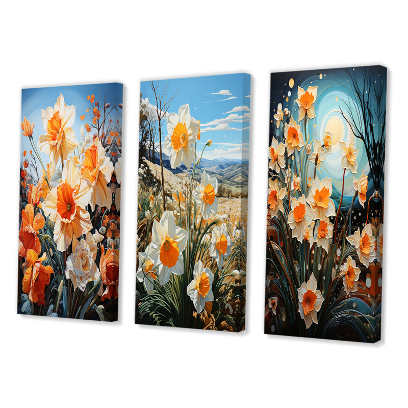 «Daffodils Field Dance», 3 pièces sur toile, H 28 po x l 36 po, Toile tendue