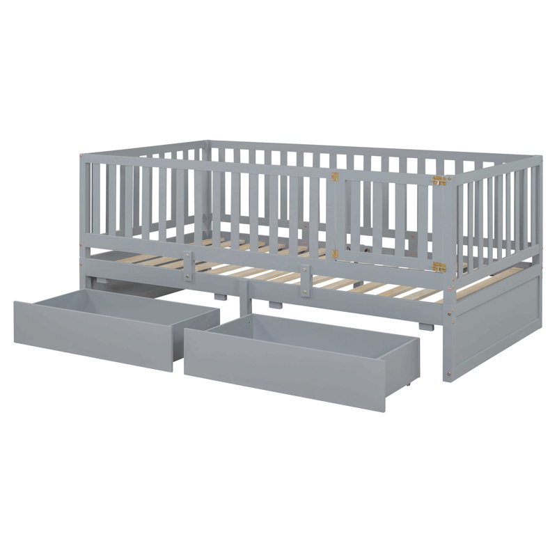 Wood Daybed With Fence Guardrails And 2 Drawers, Split Into Independent Floor Bed & Daybed, Gray, Twin