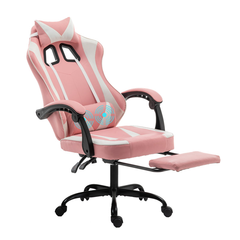 Radelldar Adjustable Reclining Ergonomic Faux Leather Swiveling PC & Racing Game Chair with Footrest, Pink/White