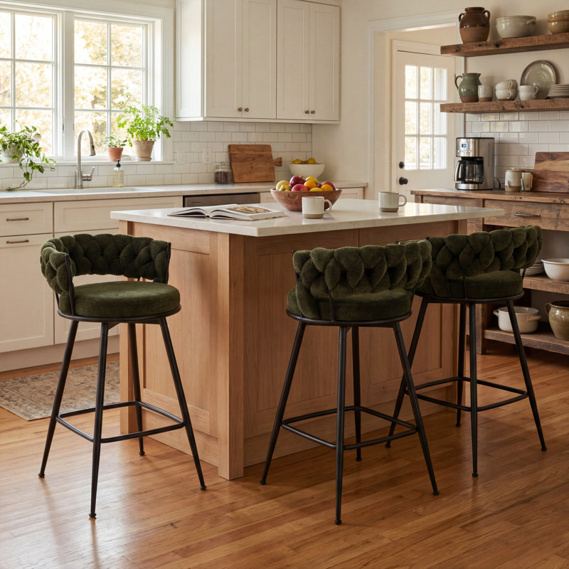 Modern Green Upholstered Bar Stool With Woven Look Backrest & Fixed Black Metal Frame Stable Counter Height Stool For Kitchen Breakfast Bar Or Cafe, Set Of 3
