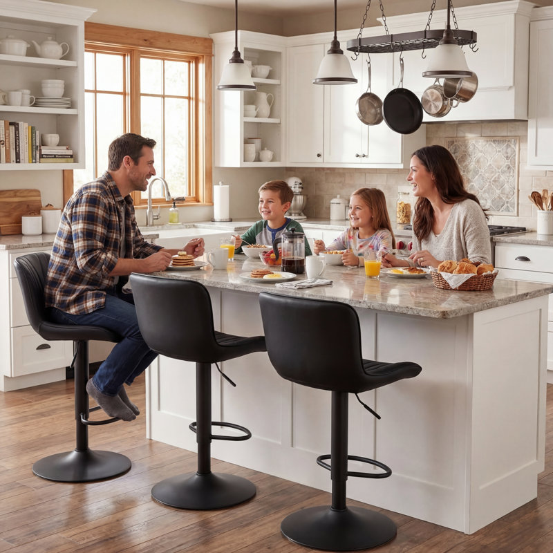 Faux Leather Swivel Adjustable Height Bar Stool, Black