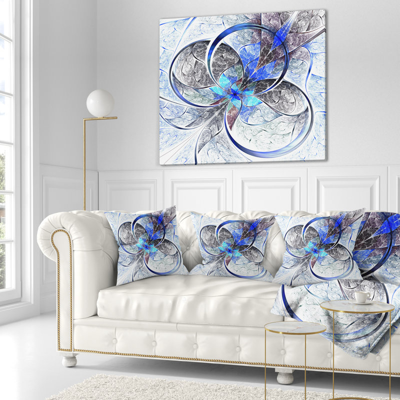 Fleur symétrique bleue fractale - coussin imprimé abstrait, 16 po x 16 po, Coussin décoratif