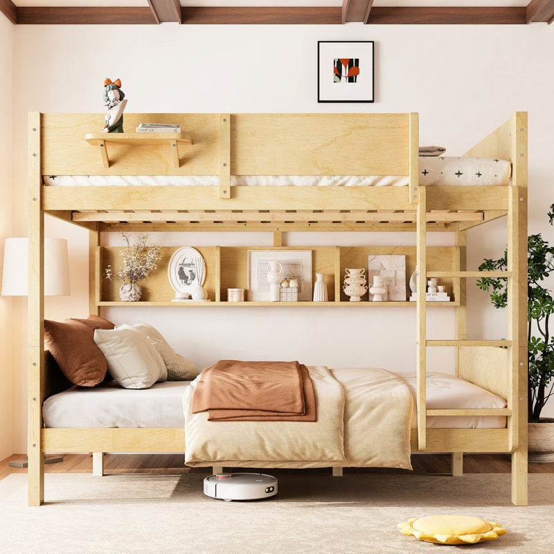 Grand lit superposé en bois massif avec plateau, lattes améliorées et rangement pour chambre d'amis moderne, Natural