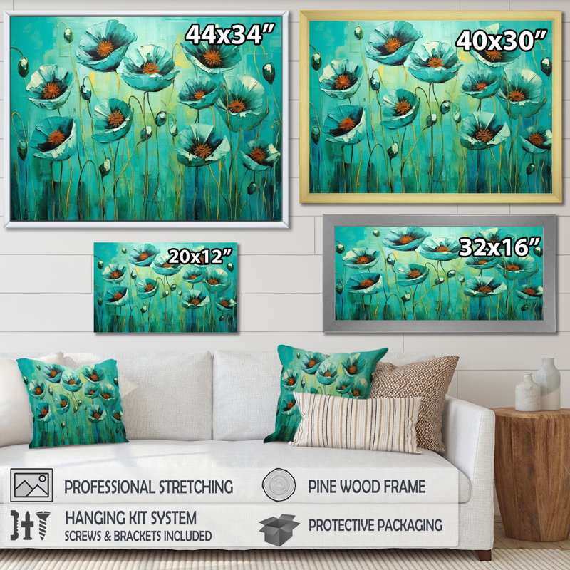 Emerald Elegance Poppies In The Breeze I, Cadre simple noir, H 12 po x l 20 po x P 1 po