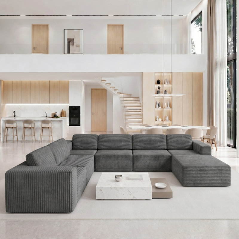 Modular Oversized 404cm 6-seater L-shaped Boneless Corduroy Sofa, No Assembly Required, Left Hand Facing, Grey