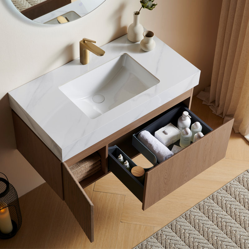 Meuble-lavabo flottant de 36 po avec lavabo en céramique, plateau en pierre frittée et tiroir Muri, Blanc de Carrare, 36"