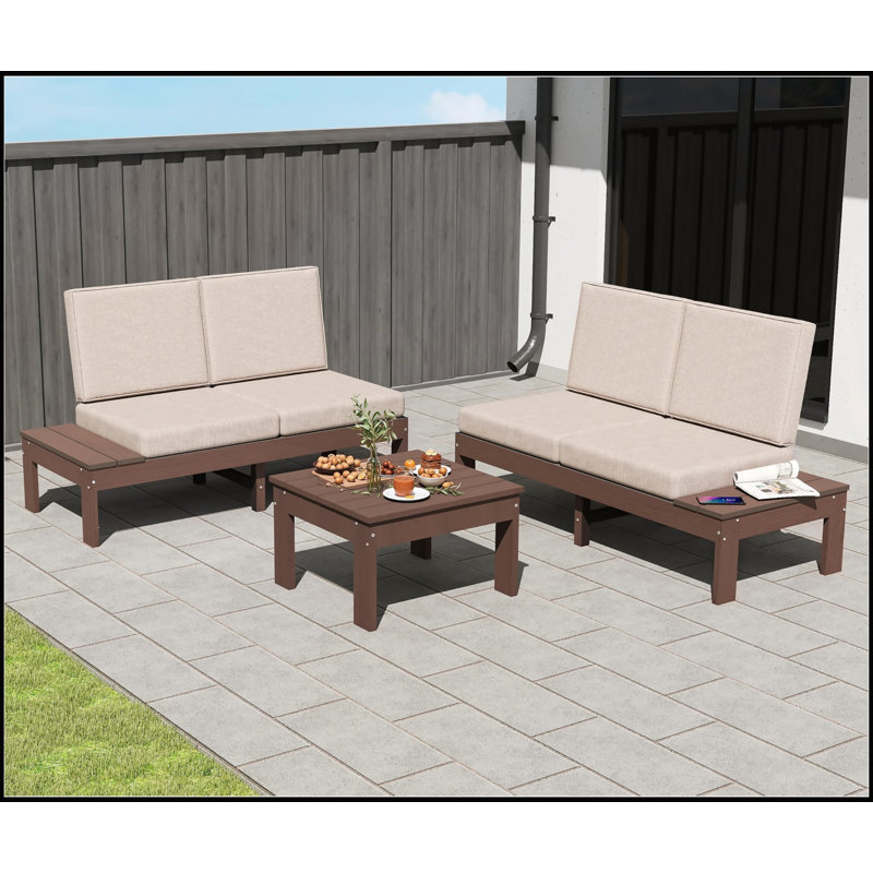 Ensemble de canapés d'extérieur en PEHD 3 pièces, canapés avec accoudoirs gauche et droit, sièges modulaires rembourrés, table basse, jardin