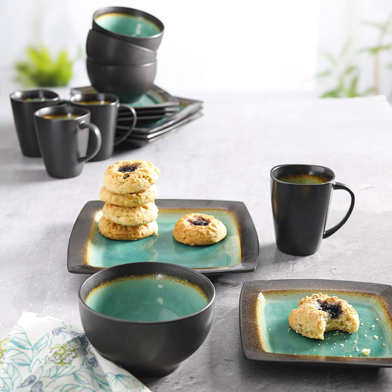 Gibson Ocean Paradise 16 Piece Dinnerware Set, Service for 4, Green/Black