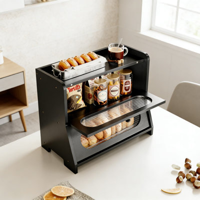Double Layer Bamboo Bread Box With Acrylic Wave Door, Large Capacity Kitchen Countertop Storage Container For Bread, Pastries, And Pantry Items