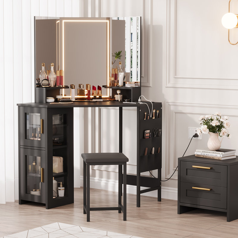 Corner Makeup Vanity with LED Mirror, Charging Station & Stool, Cabinet Storage for Bedroom, Black