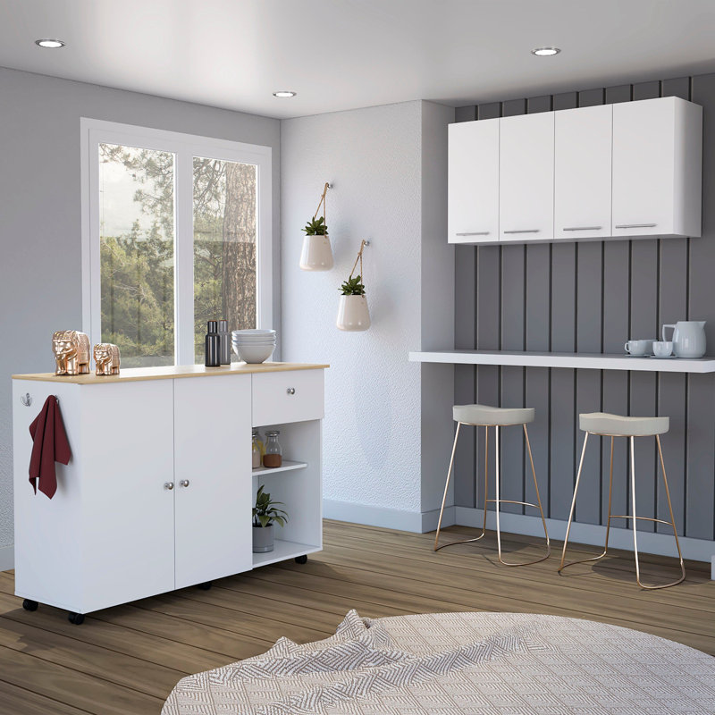 Malibu 2-Piece Kitchen Set with Kitchen Island and Wall Cabinet, White/Light Oak