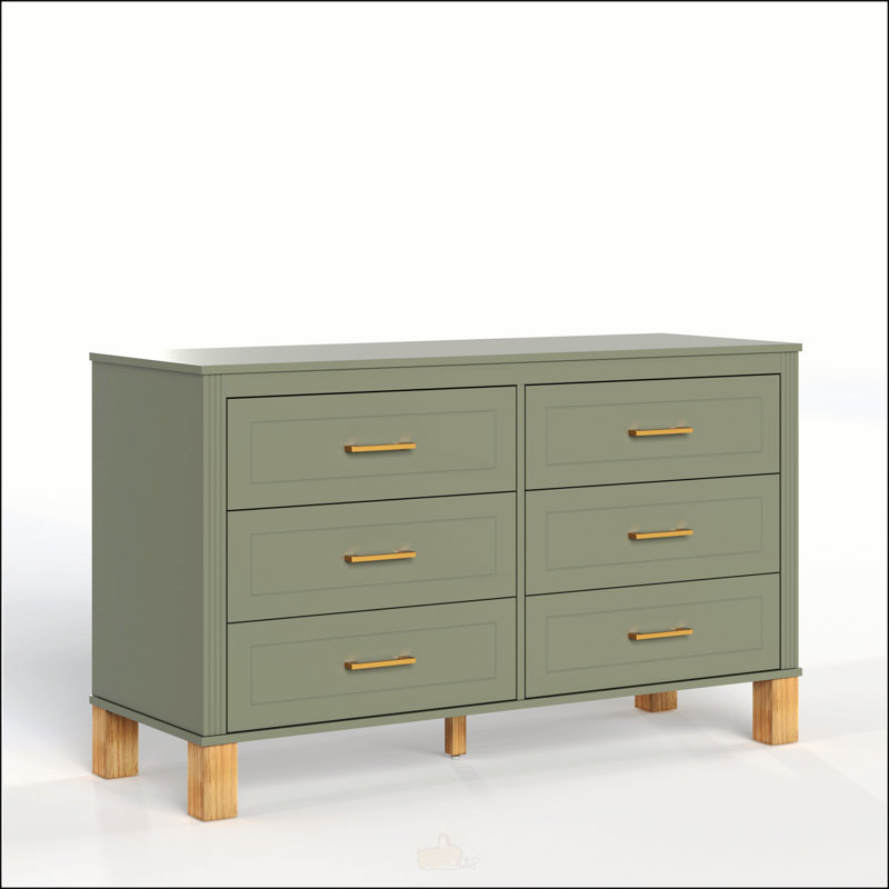 6-Drawer Double Dresser In Olive, Modern Storage Cabinet With Metal Handles & Solid Wood Legs, Heavy-Duty Wooden Organizer