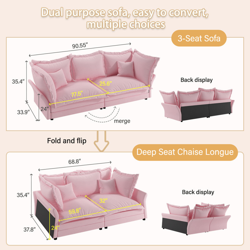 Canapé moderne 90,55 po Comfy, Rose
