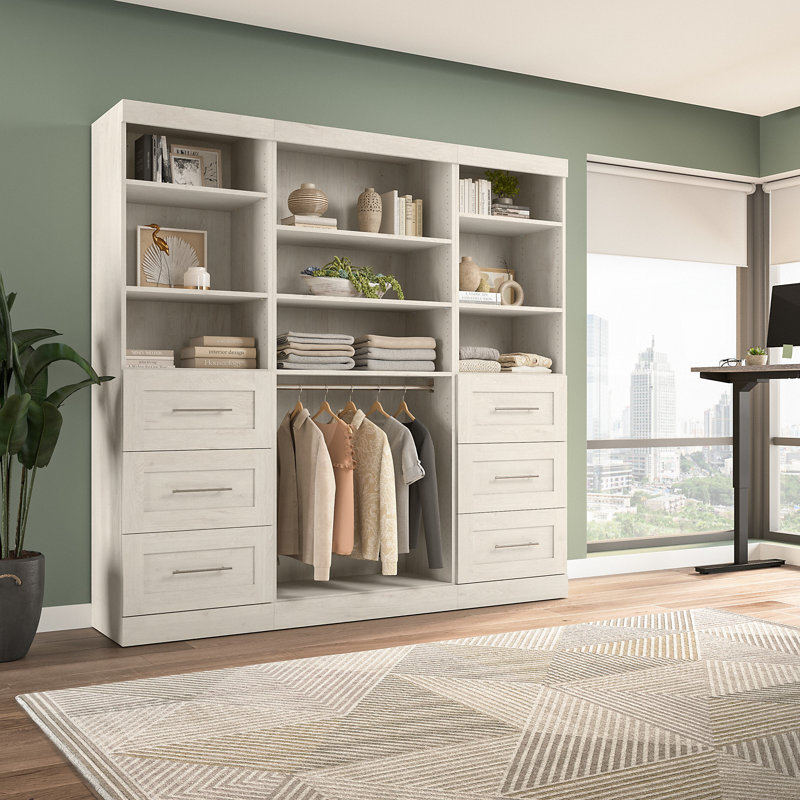 Arlex 86" W Closet Organization System with Drawers, Linen White Oak