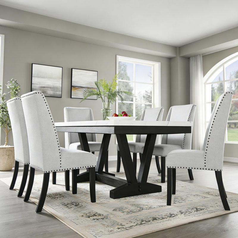 Table de salle à manger rectangulaire minimaliste avec plateau en simili marbre et six chaises assorties