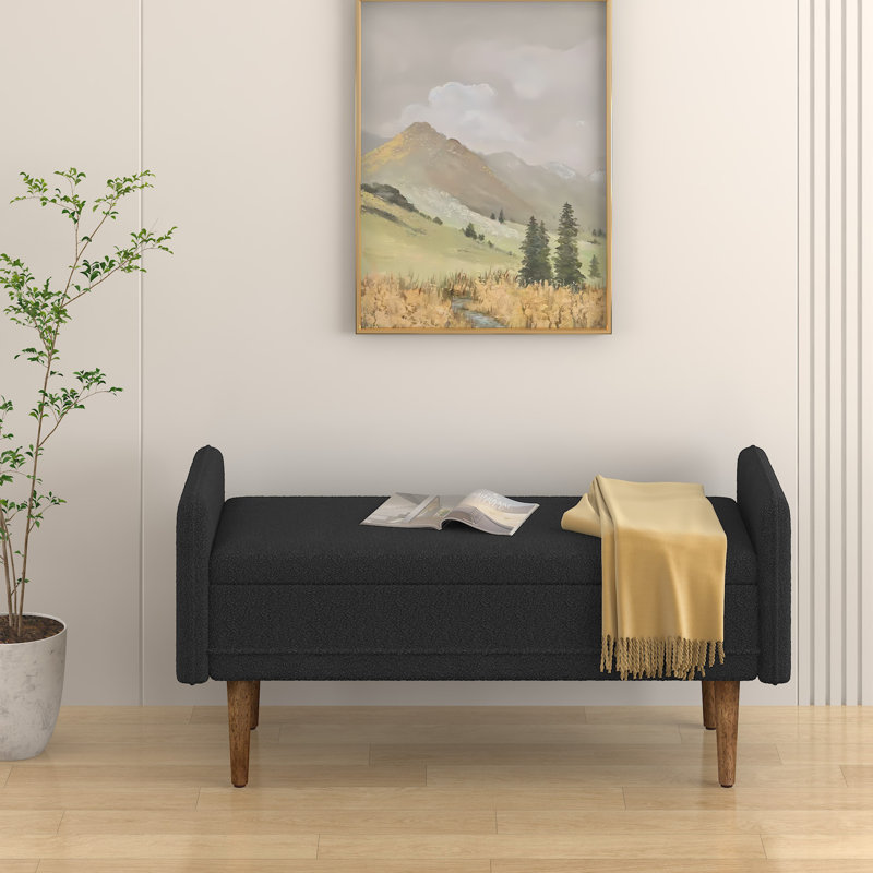 Banc de rangement en tissu Teddy avec pieds en bois, Noir, noir, noir, noir