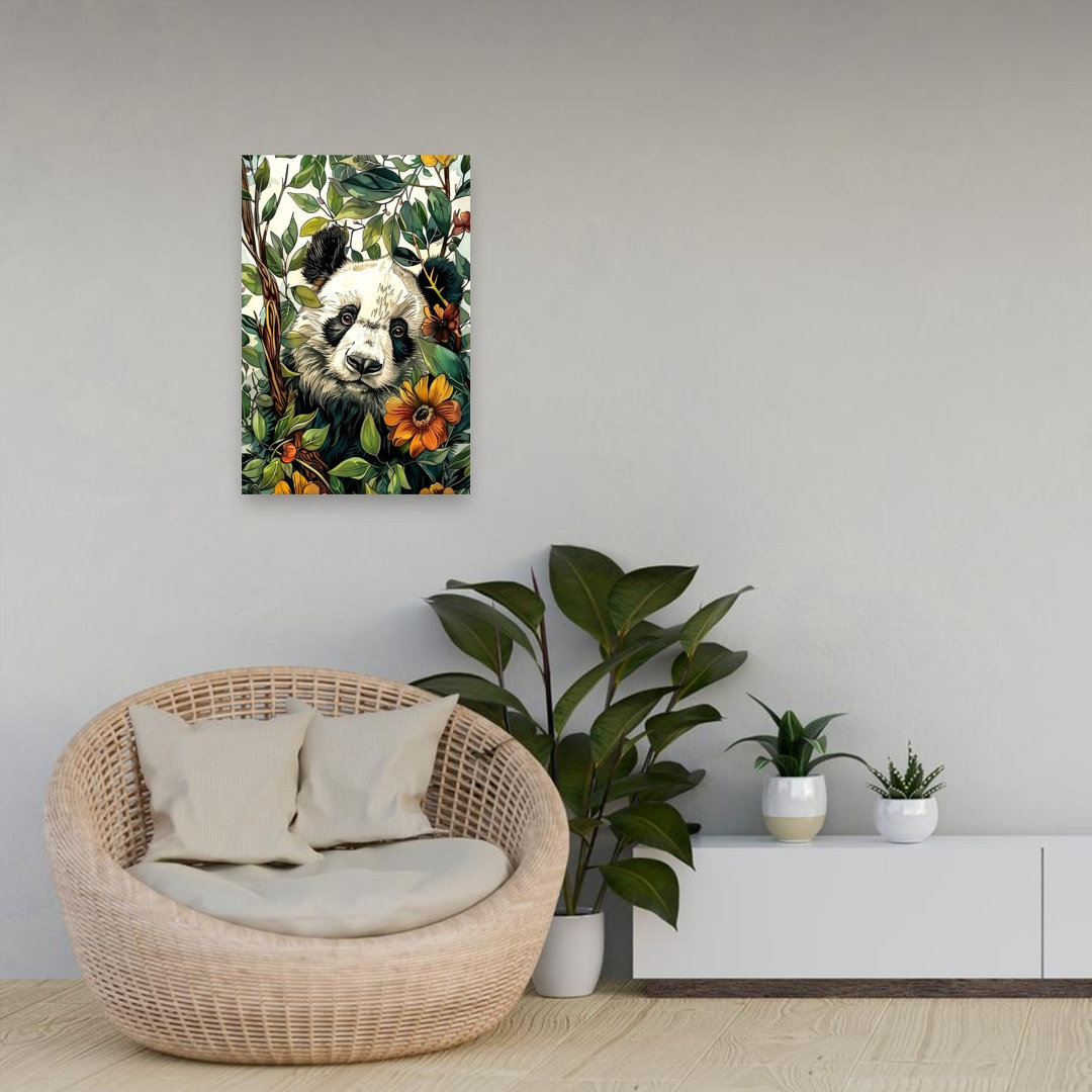 Peeking Panda Among Leaves Abstract Contemporary Panda Flower Forest Wall Art Print