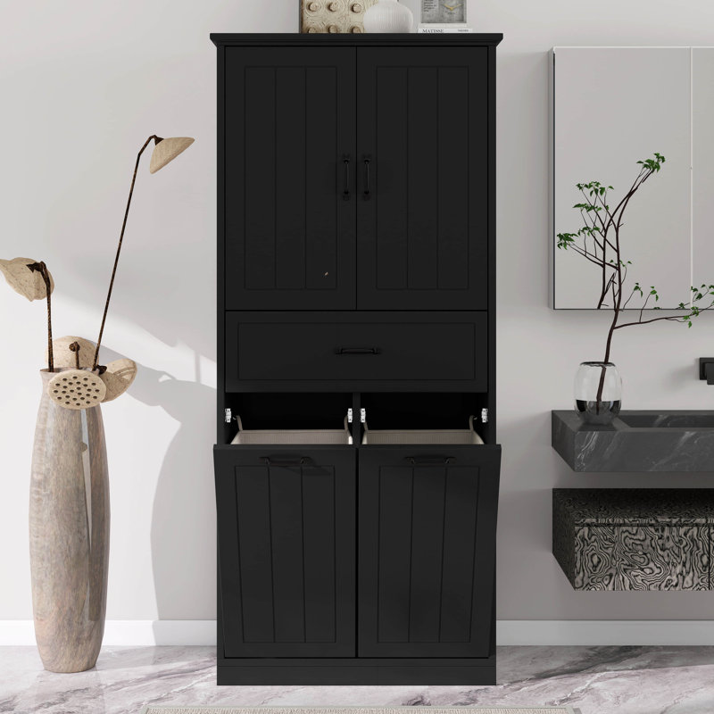 Bathroom Laundry Cabinet With Two Laundry Baskets, 65.8" Tall Bathroom Storage Cabinet With Doors And Drawer, Adjustable Shelf