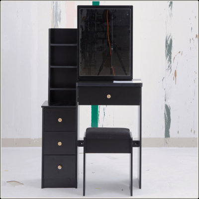 Small Size Left Bedside Cabinet Vanity Table + Cushioned Stool, Extra Large Sliding Mirror, Multi Layer, High Capacity Storage Fashionable Dresser, Suitable For Small Space, EPA,GCC,UL Certificate