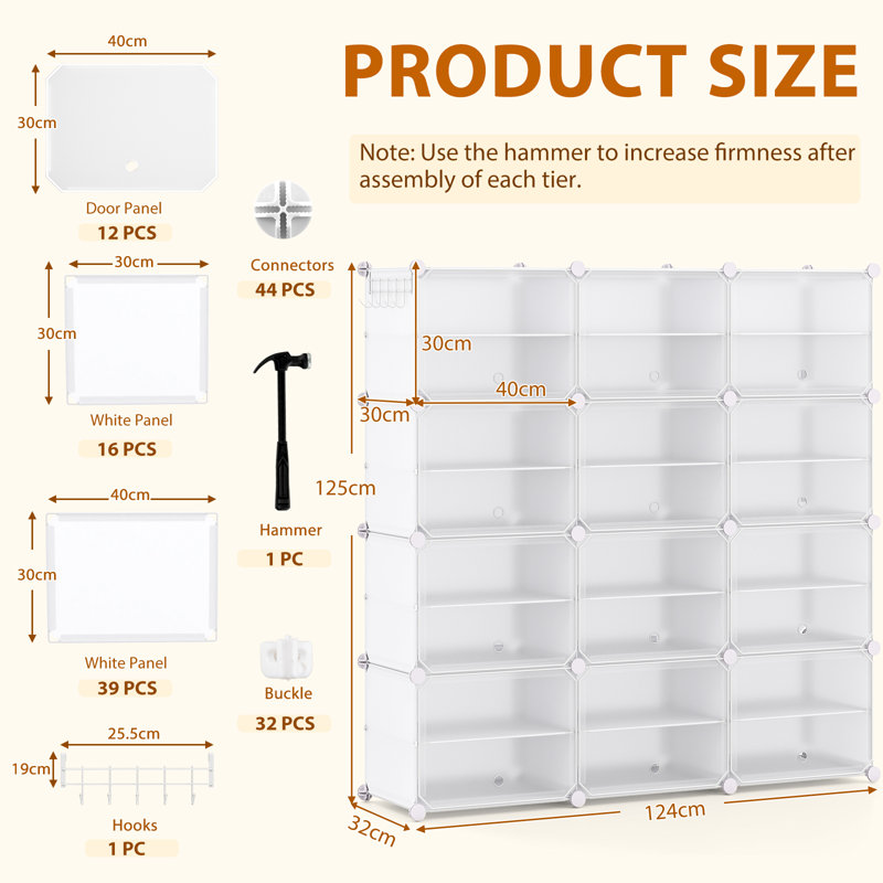 48 Pairs Portable Shoe Shelves 12-Cube Shoe Storage Cabinet W/Removable Shelf, White