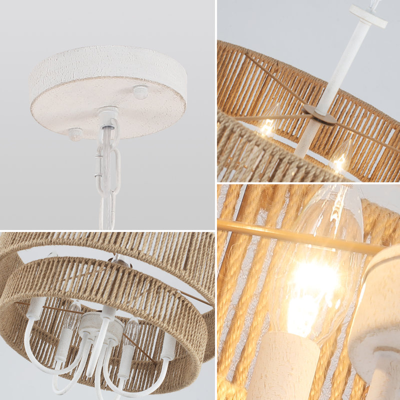 5 - Light Coastal-Inspired Dimmable Rattan Double Drum Candle Style Chandelier, Distressed White