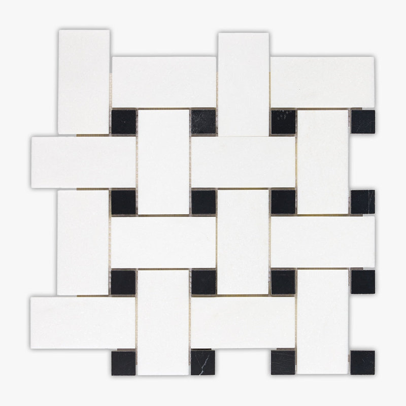 Thassos Honed 2X4 Basketweave Black Dot Marble Mosaic, White/Black