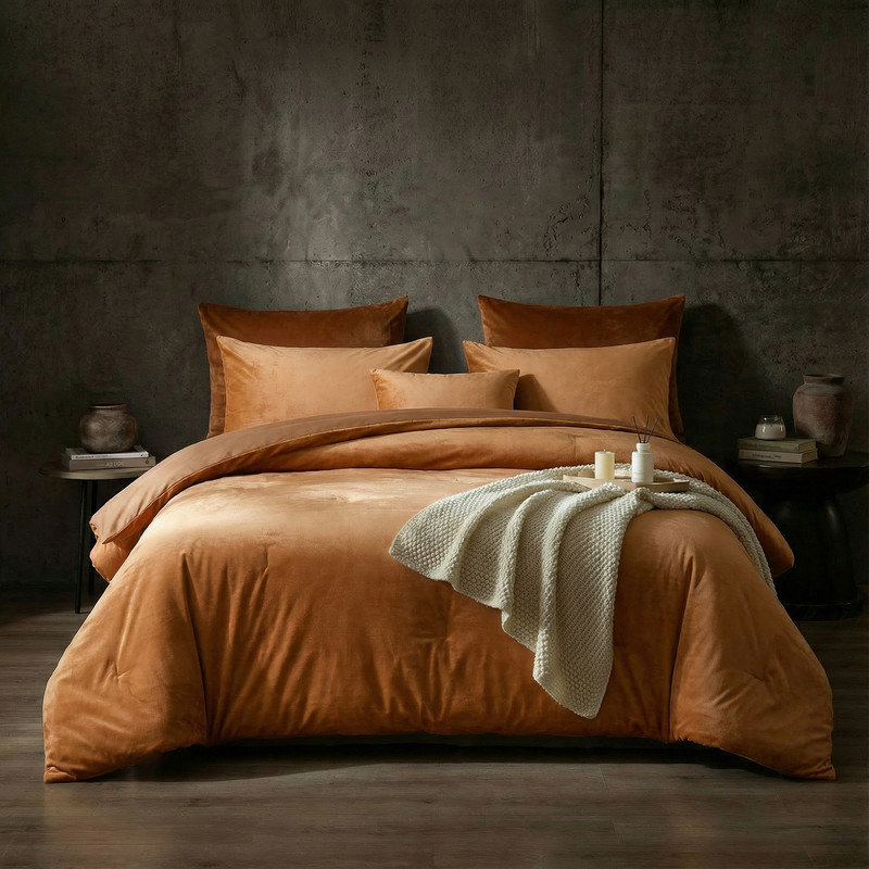 Ensemble d'édredon en velours brun et orange, très grand lit, caramel, literie douce, moelleuse, chaude, flanelle, courtepointe, couverture, femmes, filles, terre cuite, édredon