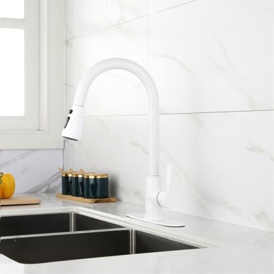 White Kitchen Faucet With Stainless Steel Construction, Pull Out Spray Feature, 360 Rotatable High Nozzle, Two Output Settings For Versatile Use, Simple Handle Operation Spray, And Attractive Design,