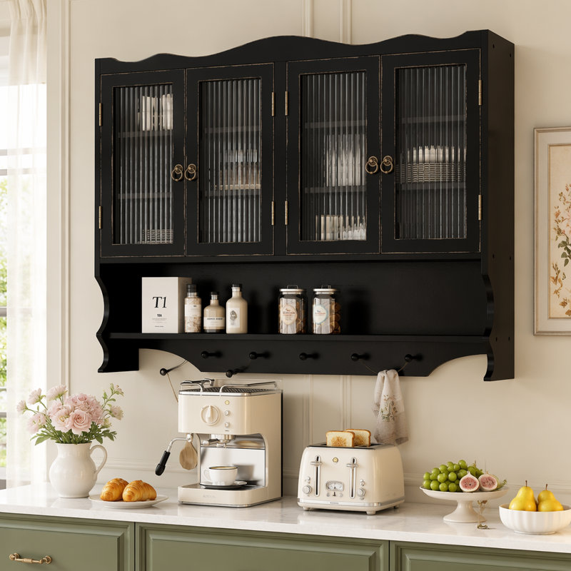 Armoire murale 39,37 po à 4 portes rétro, avec deux niveaux de rangement et un support à crochets ouverts, convient aux salles de bain, cuisines, salles à manger, noir antique