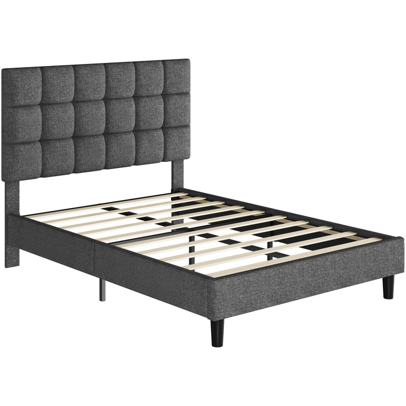 Size Modern Upholstered Bed Frame with Adjustable Square Tufted Headboard, Double (4'6), Dark Grey