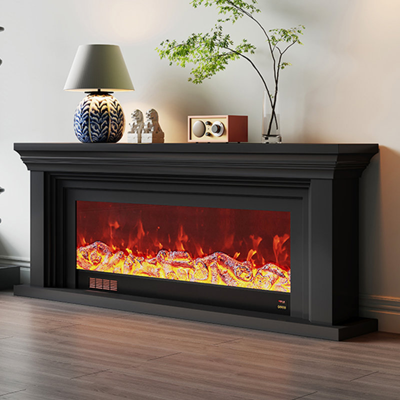 Black Solid Wood TV Cabinet Heating Fireplace, Black, 31.5" H x 86.61" W x 12.6" D